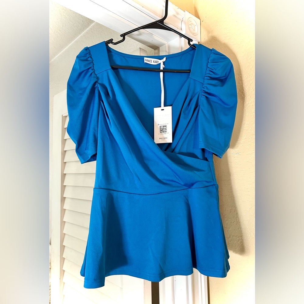 Grace Karin Vibrant Blue Peplum Top/Blouse- NWT
